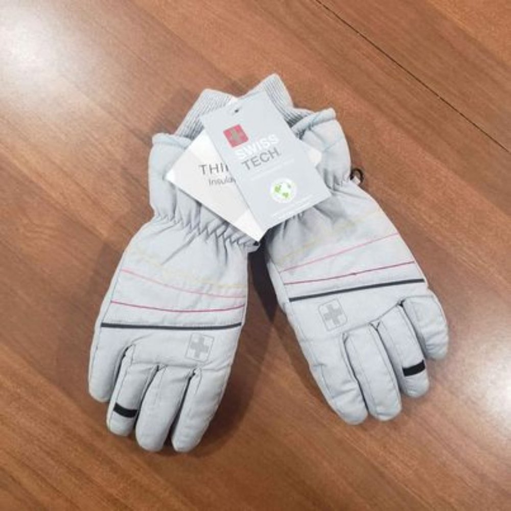 NWT Swiss Tech Girls Thinsulate Lined Waterproof Ski Gray Gloves w/ Glitter